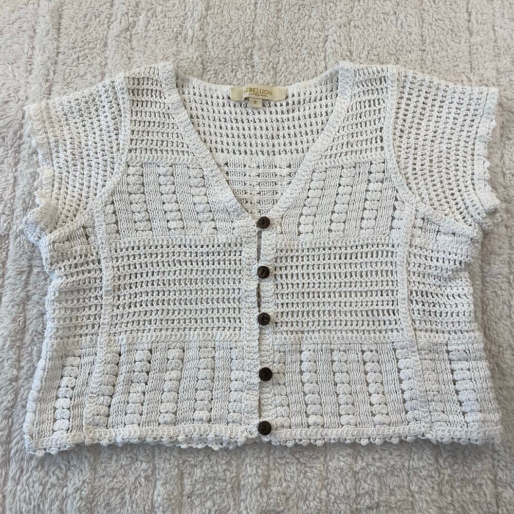 Rebellion White Crochet Cropped cardigan Button Knit Top boho Women’s Size small - Picture 1 of 6